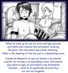 1boy black_and_white black_hair comic english_text female groom long_hair machine milda7 naked short_hair spanish_text suit text tied translated