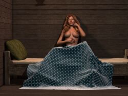 1girls 3d blanket blonde_hair horpheu mysteria naked_blanket nude nude_female original original_character