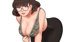 1girls ass big_ass big_breasts bra_pull breasts brown_hair busty camouflage camouflage_print cleavage emily_(house_chores) erect_nipples erect_nipples_under_clothes female female_only game_cg glasses house_chores_(game) looking_at_viewer pants shirt_pull short_hair sister smiling solo sports_bra tease tight_pants