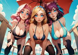 3girls ahri ai_generated big_breasts bikini blonde_hair blue_eyes league_of_legends league_of_legends:_wild_rift luxanna_crownguard pink_hair public seraphine_(league_of_legends) spirit_blossom_ahri spirit_blossom_series tagme thighhighs wardens