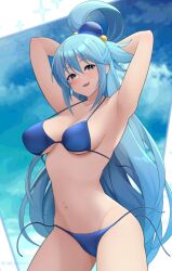 1girls aqua_(konosuba) armpits arms_behind_head arms_up belly_piercing bellybutton_piercing bikini blue_bikini blue_eyes blue_hair blush breasts cloud collarbone cowboy_shot groin hair_ornament hair_rings highres jampen kono_subarashii_sekai_ni_shukufuku_wo! large_breasts long_hair navel navel_piercing open_mouth piercing smile solo swimsuit untied_bikini_bottom untied_bikini_top