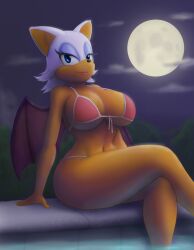 1female anthro bat bat_wings bikini bikini_bottom blue_eyes breasts female female_only fit_female front_view furry large_breasts legs_crossed light-skinned_female moonlight night pink_bikini pink_lipstick pool poolside rouge_the_bat saf-404 saf404 saf_404 safartwoks safartworks seductive_look seductive_smile sega sitting smile solo sonic_(series) sonic_the_hedgehog_(series) supporting thick_thighs tree video_game_character voluptuous voluptuous_female