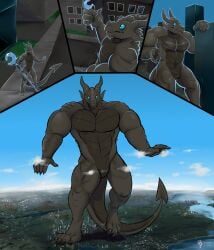 4_toes 5_fingers anthro black_body black_scales blue_eyes blurthefur body_size_growth building city_destruction claws cloud digital_media_(artwork) digitigrade dragon featureless_crotch feet finger_claws fingers growth hi_res horn kael_artherion landscape_dwarfing macro magic_user male muscle_growth muscular muscular_anthro muscular_male nude paws scales scalie size_transformation sky skyscraper solo spade_tail staff tail toe_claws toes transformation western_dragon wingless_dragon