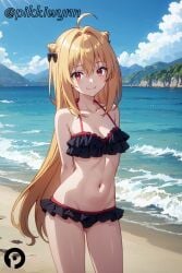 ahoge ai_generated arms_behind_back bangs bare_shoulders beach bikini black_bikini black_bow blonde_hair blue_sky bow breasts cleavage closed_mouth cloud collarbone cowboy_shot day female frilled_bikini frills groin hair_bun hair_intakes hairbow hikikomari_kyuuketsuki_no_monmon long_hair looking_at_viewer navel ocean outdoors pikkiwynn red_eyes sky small_breasts smile solo standing stomach swimsuit terakomari_gandezblood very_long_hair water