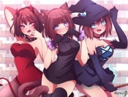 2d 3girls animal_ears artist_name bare_shoulders black_skirt black_stockings bra breasts broom broom_riding brown_hair cat_ears cat_tail choker collar cyan_eyes demon_tail dress finger_in_mouth fluffy_gloves frisk frisk_au gloves halloween halloween_costume hand_on_head highres hood horns horrortale horrortale_frisk large_breasts lips looking_at_viewer looking_up medium_breasts medium_hair navel_visible_through_clothes nuvex oerba_yun_fang open_mouth purple_eyes red_dress red_eyes red_horns short_hair skirt smile spiked_collar spikes stockings tagme tail tights underfell underfell_frisk undertale undertale_(series) undertale_au witch_costume witch_hat