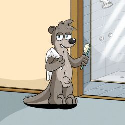 anthro apartment bathroom blue_eyes brush grin half-closed_eyes happy hi_res male mammal mustelid narrowed_eyes nude otter shower smile solo tinnier towel