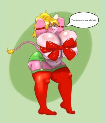 anthro ass big_breasts big_butt blonde_hair blue_eyes bovid bovine bow_ribbon breast_squish breasts cattle christmas christmas_clothing clothing female hair hands_behind_head hi_res holidays huge_breasts legwear looking_at_viewer mammal olibur one_eye_closed paprika_(olibur) ribbons smile smiling_at_viewer solo speech_bubble squish stockings suggestive tail thick_thighs wink winking_at_viewer