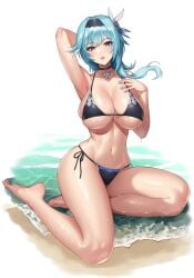 1girls armpits barefoot beach bikini blue_hair blush breasts busty choker curvy eula_(genshin_impact) feet female female_only genshin_impact large_breasts legs looking_at_viewer nail_polish underboob voluptuous weni wet