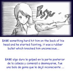 1boy 2girls black_and_white black_hair comic english_text groom gun long_hair milda7 short_hair spanish_text suit text translated