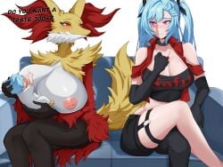 abirdeer akeno_(itsnafulol) anthro black_fur black_shirt blue_hair blush breast_grab breast_sucking breastfeeding breastfeeding_envy breasts breasts_bigger_than_head cleavage creature_mother_human_baby crop_top delphox embarrassed fox_ears fox_girl fox_tail generation_6_pokemon hair_between_eyes hair_ribbon huge_breasts human_on_anthro interspecies jealous jeans mother_and_daughter parent_and_child pink_eyes pokemon pokephilia red_eyes red_fur red_jacket sitting sofa sucking teasing thick_thighs thighs twintails white_fur wife_and_wife yellow_fur