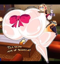 1girls aigis_(persona) blonde_hair bow bowtie dialogue gigantic_breasts huge_ass huge_thighs hyper hyper_breasts massive_breasts megami_tensei persona persona_3 robot robot_girl robot_humanoid solo voctopie