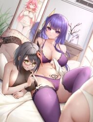 3girls ass bedroom black_panties bra breasts busty cameltoe cleavage closed_eyes curvy female female_only fishnet_legwear genshin_impact hi_res hongye_feixue kujou_sara large_breasts lingerie looking_at_viewer mirror painting panties partially_visible_vulva pout pubic_tattoo purple_panties raiden_shogun reflection smile thighhighs thong underwear white_panties yae_miko yuri