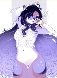 anthro black_hair blue_eyes bottomless clothed clothing ear_piercing ear_ring ear_stud female front_view fur glistening glistening_eyes hair inner_ear_fluff long_hair mouth_closed navel piercing portrait purple_body purple_eyes purple_fur purple_hair ring_piercing solo sonyan three-quarter_portrait topwear tuft white_body white_clothing white_fur white_inner_ear_fluff white_topwear