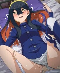 1boy black_hair blue_jacket blush buttons carmine_(pokemon) censored clothed_sex clothing_aside commentary_request eyelashes female female_pubic_hair hair_between_eyes hairband hands_up holding_another's_leg indoors jacket long_hair long_sleeves looking_at_viewer mosaic_censoring multicolored_hair on_bed open_mouth panties panties_aside pants_around_one_leg partial_male penis pillow pokemon pokemon_sv pubic_hair pussy sex smile straight tomu_(tomubobu) two-tone_hair underwear vaginal_penetration yellow_eyes yellow_hairband