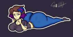 angelindieart14 big_ass big_breasts big_butt black_shirt black_socks blue_hair blue_pants brown_hair curvy curvy_female curvy_figure female female_only lying lying_down original_character purple_hair red_eyes request white_skin white_skinned_female