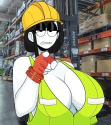 1girls 2023 big_breasts black_hair breasts construction_worker female forklift goth hard_hat huge_breasts large_breasts original original_character pointing_at_viewer pov pov_eye_contact saltynoodles solo tagme veronica_(saltynoodles) voluptuous voluptuous_female white_body white_skin yellow_headwear