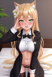 abs admiral_daisy023 after_blowjob ai_generated black_panties black_ribbon black_uniform blonde_hair_female blush blushing_at_viewer cum_drip daisy023 daisy_ornament fleet_admiral_daisy023 green_eyes hair_between_eyes hair_ornament high_resolution insignia long_hair looking_at_viewer military_uniform navel open_mouth panties shirt sitting_on_bed thick_thighs thighhighs twitch.tv virtual_youtuber vrchat vtuber wolf_ears wolf_girl