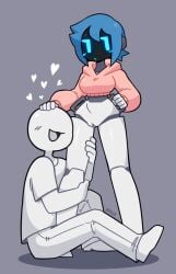 1boy 1boy1girl 1girls android_girl blue_eyes blue_hair blush breasts exposed_pussy handles handles_on_hips highres hugging hugging_legs lav_(nekuzx) nekuzx no_panties no_pants pussy robot robot_girl robot_humanoid screen_face short_hair spoken_heart sweater sweater_only tagme topwear_only