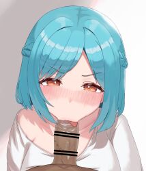 1boy 1girls bar_censor blowjob blue_hair blush censored dark-skinned_male dark_skin eyebrows_visible_through_hair fellatio kono4izuru light-skinned_female light_skin male_pov moira_(nijisanji) nijisanji nose_blush orange_eyes penis pov tongue virtual_youtuber