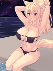 1girls bikini blonde_hair breasts cat_ears catgirl eyepatch_bikini female hi_res huge_breasts large_breasts light-skinned_female light_skin long_hair ponytail red_eyes smile tiffy tiffynyaa