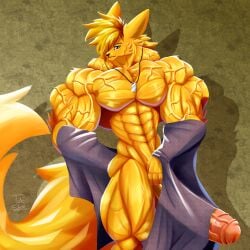 abs anthro ball_tuft balls biceps big_muscles big_penis blonde_hair bodily_fluids canid canine covering covering_self dog_tags dripping erection fennec fox fur genital_fluids genitals hair hi_res huge_biceps huge_cock huge_muscles huge_triceps hyper jewelry long_tail looking_at_viewer male mammal muscular muscular_anthro muscular_male muscular_thighs necklace nude obliques pecs penis pose precum precum_drip purple_eyes solo standing taiko-sihori tail thick_thighs tuft vein veiny_arms veiny_muscles veiny_penis yellow_body yellow_fur