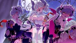 3girls ariane_the_labrynth_servant arianna_the_labrynth_servant big_breasts clothing cowgirl_position demon demon_horns duel_monster face_between_breasts female grabbing_breasts grabbing_from_behind huge_breasts labrynth_of_the_silver_castle lovely_labrynth_of_the_silver_castle mizutenka multiple_girls sex silver_hair white_hair yu-gi-oh!