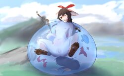 2023 absurd_res amber_(genshin_impact) ambiguous_gender anthro breasts brown_hair canid canine digital_media_(artwork) female female/ambiguous fox fur furry genitals genshin_impact goo_creature hair hi_res mammal mihoyo multicolored_body nude observerdoz pussy slime solo_female tail translucent translucent_body