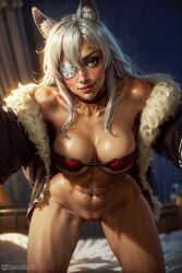 1girls abs absurd_res ai_generated bare_shoulders bedroom_eyes big_breasts bottomless bra cat_ears choker cleavage clothing collarbone dark-skinned_female dark_skin ear_tuft eye_patch eyewear female female_focus female_only fur_coat ghislaine_dedoldia grey_hair hair hair_between_eyes hi_res kusoneit long_hair looking_at_viewer muscular muscular_female mushoku_tensei navel one_eye pov red_choker red_eyes seductive_look solo solo_female stable_diffusion standing thighs underboob watermark