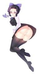 1ien alternate_costume ass_focus big_ass black_hair black_legwear black_thighhighs blush bubble_butt demon_slayer female female_only full_body hair_ribbon hairbow kimetsu_no_yaiba kochou_shinobu looking_at_viewer looking_back panties pleated_skirt purple_eyes school_uniform schoolgirl solo thick_thighs thighhighs upskirt white_panties zettai_ryouiki