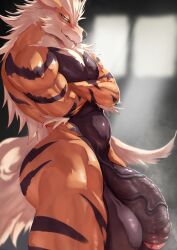 2020 anthro arcanine balls bara big_balls big_penis crossed_arms furry gay male male_only muscles muscular musk nintendo penis pokemon pokemon_(species) smirk solo solo_male source_request veiny_penis zex