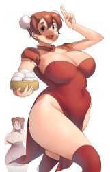 2022 2girls big_breasts breasts brown_hair cleavage curvaceous curvy dasan24 double_bun dress duo duo_focus female_focus female_only hips hourglass_figure huge_breasts large_breasts marshmallow_(dasan24) oc original_character short_hair simple_background thick_thighs thighs voluptuous watermark white_background wide_hips