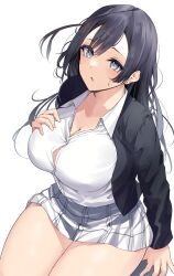 1girls big_breasts black_hair blue_eyes breasts busty female female_only grey_eyes hand_on_breast intermammary_cleft large_breasts looking_up love_live! love_live!_nijigasaki_high_school_idol_club mostly_clothed nervous school_uniform skirt solo tagme tight_clothing white_background yamasonson yuuki_setsuna_(love_live!)