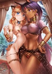 2girls animal_ears artist_request belly_dancer belly_dancer_outfit blonde_hair blue_eyes blush bracelet character_request clothing dark-skinned_female earrings erect_nipples erect_nipples_under_clothes femsub flat_chest harem harem_girl harem_outfit hourglass_figure large_breasts light-skinned_female light_skin panties purple_eyes purple_hair sarong slave slave_collar slave_outfit slavegirl small_breasts strike_witches submissive_female thong voluptuous world_witches_series