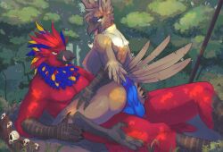 anthro ass avian bird breasts butt_grab corvid corvus_(genus) duo feathers female fleek_feather genitals hand_on_butt hi_res macaw male male/female montezuma_shasn neotropical_parrot nude oscine parrot passerine penis raven_(bird) sitting_on tail_feathers true_parrot