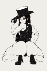 ambiguous_gender androgynous anguriask ass big_ass big_butt black_hair eye_contact gloves guilty_gear hat high_heels huge_ass huge_butt leotard long_hair looking_at_viewer looking_back red_eyes solo squatting testament_(guilty_gear) thick_thighs thighs