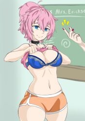 blackboard blue_eyes bra bzurrf collar crystal_(lewd-zko) finger_snap gym_shorts hypnosis pink_hair ponytail skirt_lift stripping teacher_and_student