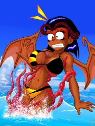 alternate_version_available bikini black_hair dark_skin demon_girl horns imminent_rape imminent_tentacle_rape kally_(lordcoyote) lordcoyote restrained scared sea shocked tentacle tentacles_under_clothes