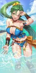 1girls 2022 alternate_costume arm_strap armpits ass_visible_through_thighs beach belt bikini blue_bikini blue_sky blue_swimsuit breasts choker cleavage cloud collarbone day earrings english_commentary eyebrows_behind_hair feet_out_of_frame female female_only fire_emblem fire_emblem:_the_blazing_blade fire_emblem_heroes floating_hair flower green_eyes green_hair groin hair_flower hair_ornament highres huge_breasts ippers jewelry large_breasts leaning_forward lens_flare long_hair looking_at_viewer lyn_(fire_emblem) lyn_(summer)_(fire_emblem) lyndis_(fire_emblem) mountain navel nintendo official_alternate_costume one_eye_closed open_mouth outdoors ponytail sash shadow sky solo source_larger splashing stomach swimsuit tassel thighs very_long_hair wading water wrist_guards yellow_sash