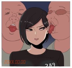 1girls 2boys big_breasts black_eyes black_hair black_shirt camera_view cute_girl disgust disgusted eyeless_male female glasses licking_ear licking_face osori pupilless_eyes tagme ugly_bastard ugly_man