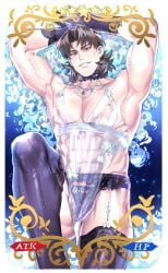 abs ambush_(trap) armpits arms_up artoria_pendragon_(lancer_alter)_(cosplay) bara brown_hair choker crossdressing dilf fate/grand_order fate/stay_night fate_(series) femboy_dilf garter_belt gloves gochary1212 jewelry kirei_kotomine looking_at_viewer muscular muscular_male muscular_thighs see-through_clothing smile solo thighhighs type-moon