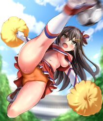 action_pose ball blush breasts brown_hair cheerleader cheerleader_uniform crop_top gloves hair_ornament haruna_(kantai_collection) headband kantai_collection kicking kneehighs long_hair navel orange_eyes orange_panties panties pom_poms skirt sneakers soccer soccer_ball socks sweat tagme thighs underboob upskirt zanntetu