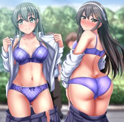 2girls ass ass_cleavage blue_bra blue_panties blush bow bow_bra bow_panties bra brown_hair butt_crack embarrassed green_eyes green_hair haruna_(kantai_collection) kantai_collection lingerie looking_at_viewer navel open_clothes open_shirt orange_hair panties public satin satin_bra satin_panties skirt skirt_down standing suzuya_(kantai_collection) sweat tagme undressing zanntetu