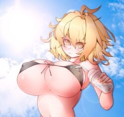 :< ahoge arcueid_brunestud ato_(bfj315) big_breasts bikini black_bikini blonde_hair blush curly_hair demon_girl female female_only frown huge_breasts looking_at_viewer melty_blood messy_hair micro_bikini nipple_bulge outside red_arcueid red_sclera short_hair slit_pupils solo sweat swimsuit tsukihime type-moon underboob upper_body vampire yellow_eyes