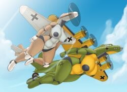 2girls aeromorph aircraft anthro b-17 bf-109 big_breast breasts clouds duo female female_only flying huge_breasts karolina_(sovietrainbow) living_aircraft living_machine mittens_(sovietrainbow) multiple_girls ndragon3 nipples original sky thick_thighs voluptuous wide_hips