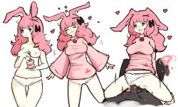 blush bunny_ears clothed_sex cowgirl_position cum cum_in_uterus cum_inside dark-skinned_male dark_skin heart heart-shaped_pupils pale-skinned_female pale_skin panties_aside pink_hair topless white_background zako_sketch