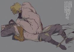 2boys alfred_(bloodborne) blonde_hair bloodborne boots fromsoftware gay hunter_(bloodborne) implied_anal implied_sex male male_only muscular muscular_male naked_footwear naked_with_shoes_on nude open_clothes pantsu sitting_on_person sweat yaoi