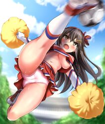 action_pose ball blush breasts brown_hair cheerleader cheerleader_uniform crop_top gloves hair_ornament haruna_(kantai_collection) headband kantai_collection kicking kneehighs long_hair navel orange_eyes panties pink_panties pom_poms skirt sneakers soccer soccer_ball socks sweat tagme thighs underboob upskirt zanntetu