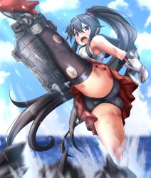 action_pose ass black_hair black_panties blush boots gloves kantai_collection kicking long_hair looking_at_viewer one_leg_up panties ponytail red_eyes single_thighhigh skirt standing tagme thighhighs torn_clothes torn_thighhighs upskirt very_long_hair yahagi_(kantai_collection) zanntetu