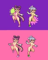 big_breasts bikini breasts callie_(splatoon) cephalopod clothing digital_media_(artwork) duo female footwear genitals gesture gloves handwear humanoid humanoid_pointy_ears inkling marie_(splatoon) marine mollusk naked nintendo noscium not_furry nude on_off open_mouth open_smile pink_background pixel_art pseudo_hair purple_background pussy shoes simple_background sling_bikini smile splatoon swimwear tentacle tentacle_hair v_sign video_games