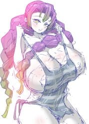 alternate_breast_size apron big_breasts braided_hair chiroru cleavage colored_sketch demon_slayer enormous_breasts female female_only gigantic_breasts green_eyes huge_breasts kanroji_mitsuri kimetsu_no_yaiba long_hair looking_at_viewer massive_breasts mole_under_eye pink_hair sketch smile solo two_tone_hair white_background